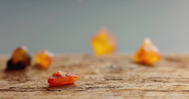 Naturlig Bärnsten Sten Faller Träplatta Närbild Video Bärnsten — Stockvideo