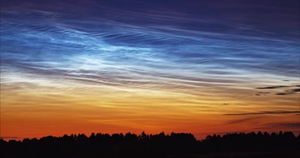 夜空中的夜光云彩 北部地区上空出现的高空云彩 覆盖在草地上的雾 — 图库视频影像