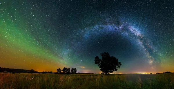 Panorama view of milky way in the night sky, deep starry sky with Milky way over head, Lithuania