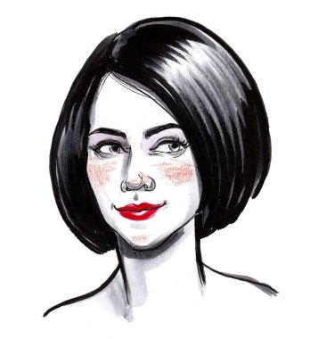 Güzel esmer kadın. Mürekkep ve suluboya çizim
