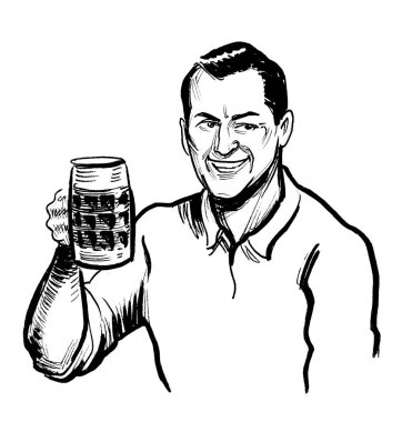 Bir kupa bira içen mutlu bir adam. Mürekkep siyah beyaz çizim