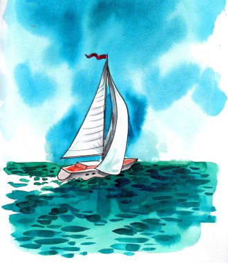 Denizde yelkenli. Mürekkep ve suluboya çizim