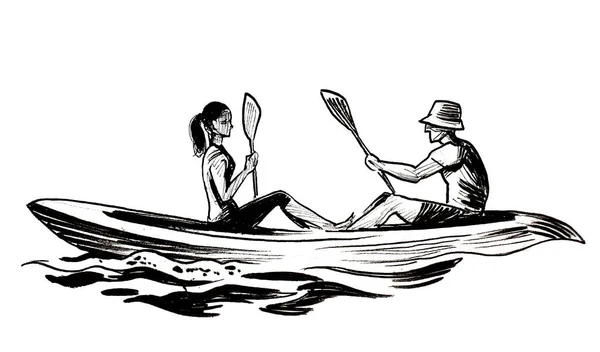 男人和女人在河里的皮划艇上墨水黑白画 — 图库照片
