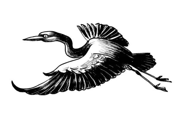 Heron Pájaro Volador Dibujo Blanco Negro Tinta — Foto de Stock