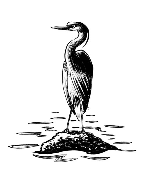 Heron Bird Ink Black White Drawing — Stock Photo, Image