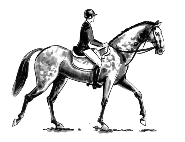 Jockey Montando Cavalo Tinta Desenho Preto Branco — Fotografia de Stock