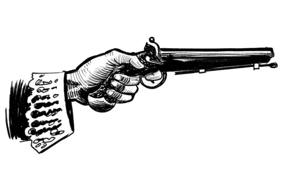 Mano Con Pistola Duelo Dibujo Blanco Negro Tinta — Foto de Stock