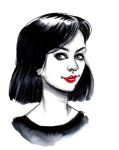 Pretty Brunette Woman Ink Watercolor Drawing — Stock Photo, Image