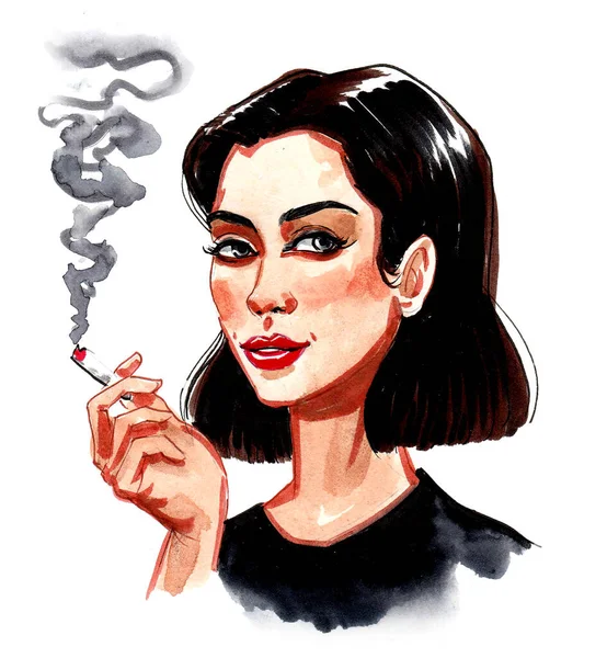 Hübsche Brünette Frau Die Marihuana Joint Raucht Tusche Und Aquarellzeichnung — Stockfoto