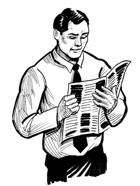 Businessman Reading Newspaper Ink Black White Drawing — Stock Photo, Image