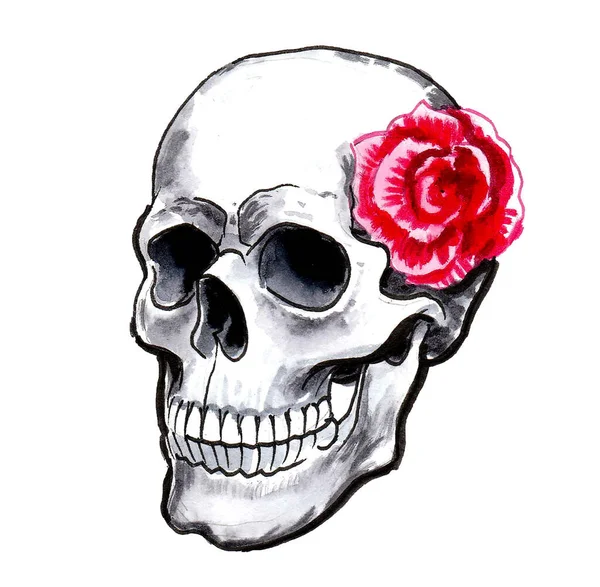 Emberi Koponya Vörös Rózsavirággal Tintarajzolás — Stock Fotó
