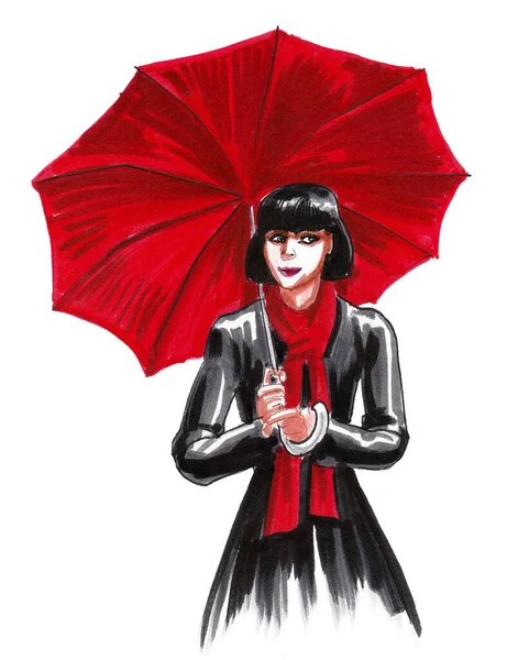 Jolie Femme Avec Parapluie Rouge Dessin Encre Aquarelle — Photo