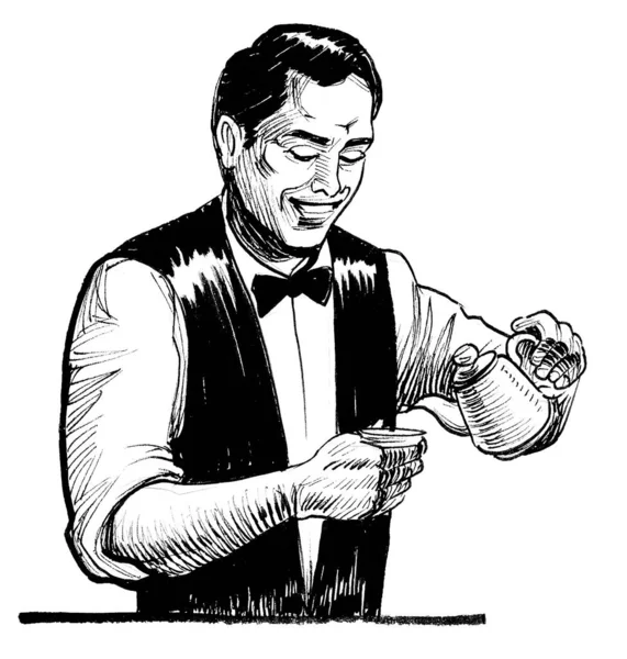バーテンダーがお茶を淹れる 墨と白のドローイング — ストック写真