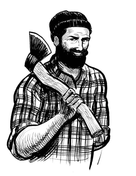 Canadian Lumberjack Axe Ink Black White Drawing — Stock Photo, Image