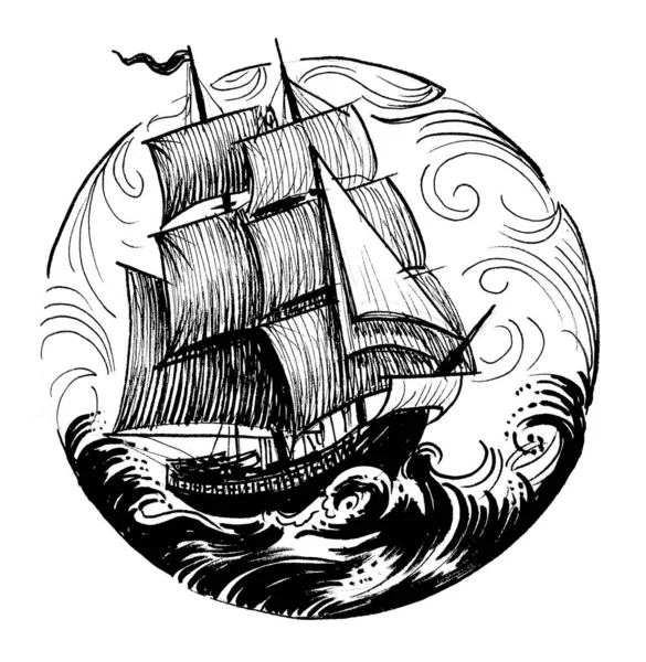 Sailing Ship Sea Ink Black White Drawing — Stock Photo, Image