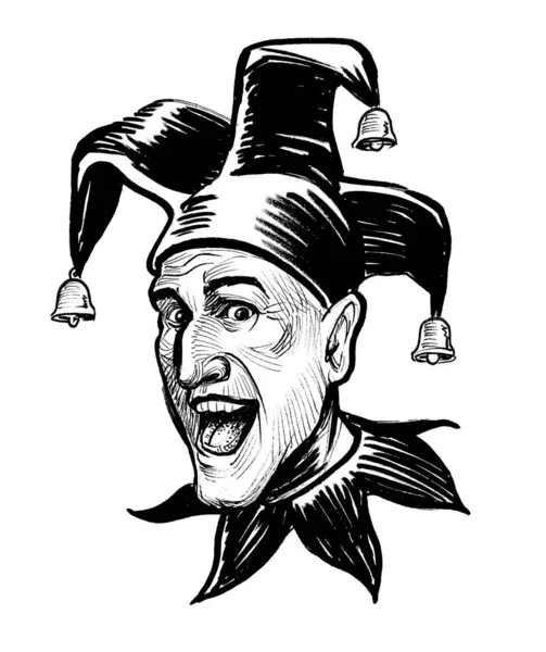 Γελαστός Γελωτοποιός Καπέλο Μελάνι Ασπρόμαυρο Σχέδιο — Φωτογραφία Αρχείου