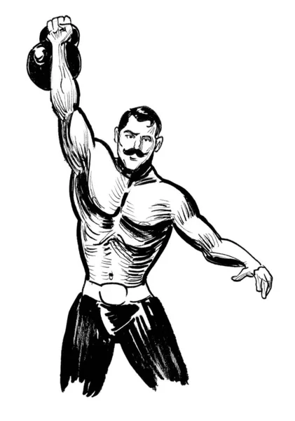 Strongman Lifting Russian Dumbbell Ink Black White Drawing — Stock Photo, Image