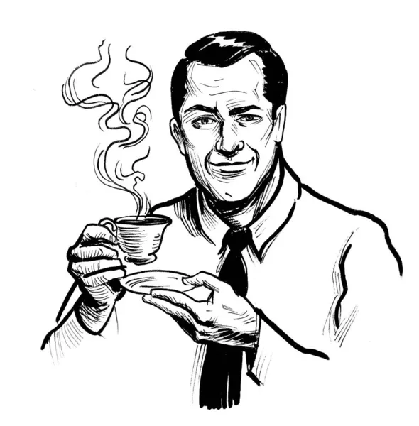 Egy Férfi Iszik Egy Csésze Kávét Tinta Fekete Fehér Rajz — Stock Fotó