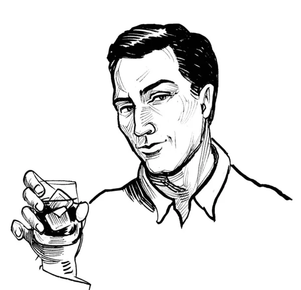 Όμορφος Άντρας Πίνει Ένα Ποτήρι Ουίσκι Μελάνι Ασπρόμαυρο Σχέδιο — Φωτογραφία Αρχείου