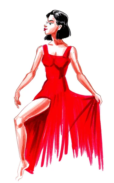 Hübsche Frau Roten Kleid Tusche Und Aquarellillustration — Stockfoto