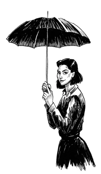 Şemsiyenin Altındaki Güzel Kız Mürekkep Siyah Beyaz Çizim — Stok fotoğraf