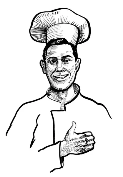 Szef Restauracji Pokazuje Duży Kciuk Czarno Biały Rysunek Atramentu — Zdjęcie stockowe
