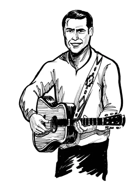 アコースティックギターを弾くミュージシャン 墨と白のドローイング — ストック写真