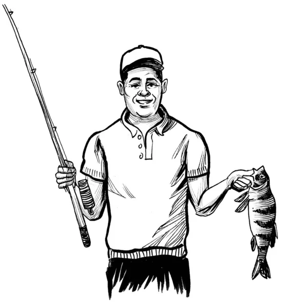 釣竿と魚をキャッチした幸せな漁師 墨と白のドローイング — ストック写真