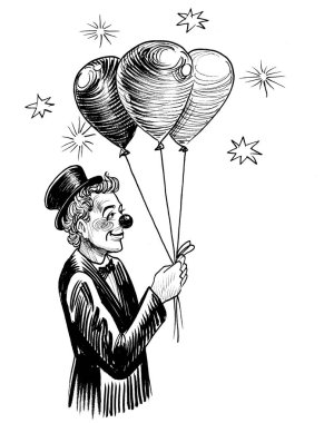 Hava balonlu palyaço. Mürekkep siyah beyaz çizim