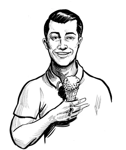 Homem Feliz Comer Gelado Tinta Desenho Preto Branco — Fotografia de Stock