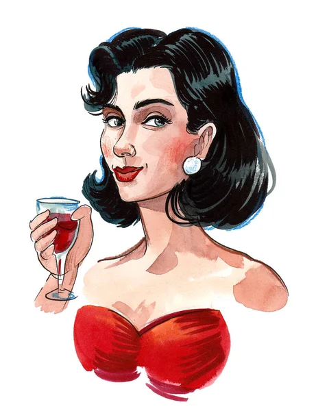 Bella Donna Con Bicchiere Vino Rosso Inchiostro Acquerello Disegno — Foto Stock