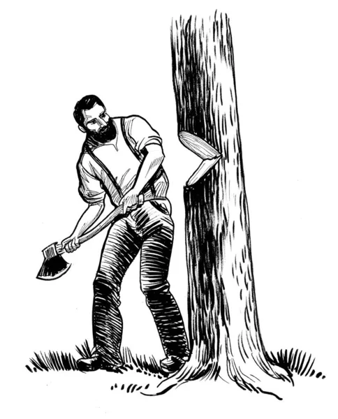 加拿大伐木工用斧头砍树 墨水黑白画 — 图库照片