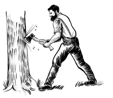 Kanadalı oduncu baltayla ağaç kesiyor. mürekkep siyah beyaz çizim