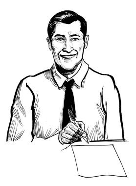 İş adamı kontrat imzalıyor. Mürekkep siyah beyaz çizim