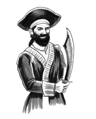 Kılıçlı bir korsan. Mürekkep siyah beyaz çizim