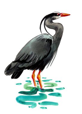 Balıkçıl kuşu yeşil suda duruyor. Mürekkep ve suluboya çizim