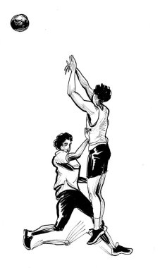 Basketbol oynayan iki genç insan. Mürekkep siyah beyaz çizim