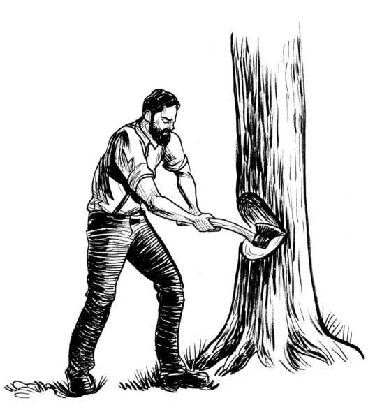 加拿大伐木工用斧头砍树 墨水黑白画 — 图库照片