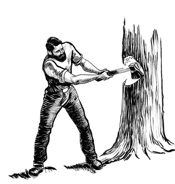 Kanadyjski Drwal Ścinający Drzewo Siekierą Atrament Czarny Biały Rysunek — Zdjęcie stockowe