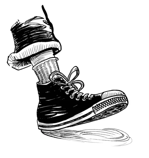 Foot Sport Shoe Ink Black White Drawing — Stock Photo, Image