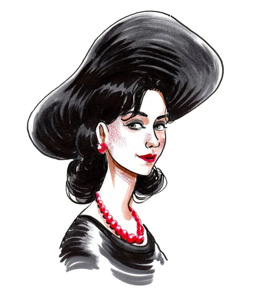 Belle Dame Robe Chapeau Dessin Encre Aquarelle — Photo