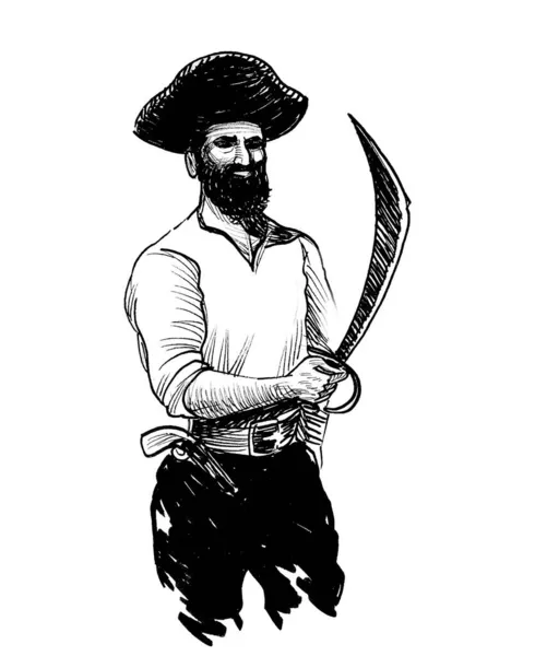 Pirate Avec Une Épée Encre Dessin Noir Blanc — Photo