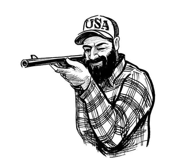 Strzelający Farmer Czarno Biały Rysunek Atramentu — Zdjęcie stockowe
