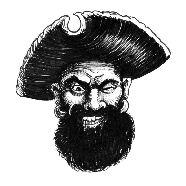 Cabeza Pirata Enojada Dibujo Blanco Negro Tinta —  Fotos de Stock