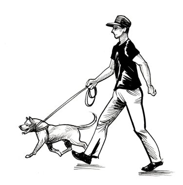 Köpeğiyle yürüyen bir adam. Mürekkep siyah beyaz çizim