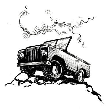 Dağlarda bir off-road arabası. Mürekkep siyah ve beyaz.