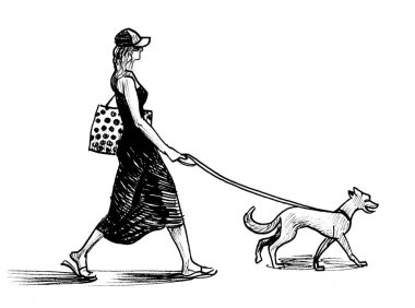 Köpeği olan bir kız. mürekkep siyah ve beyaz draiwng