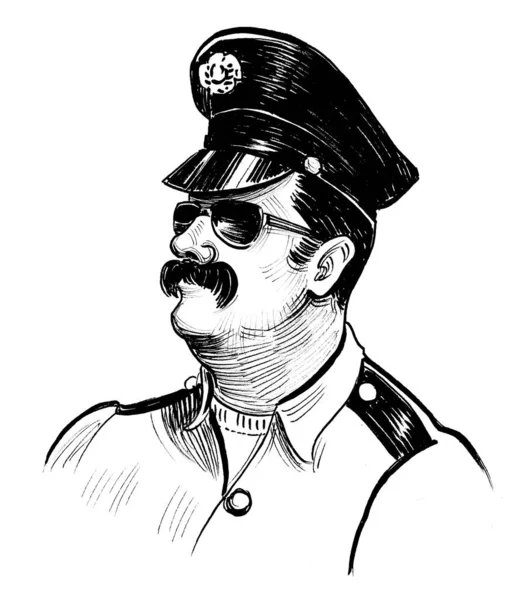 Amerikalı Polis Memuru Mürekkep Siyah Beyaz Çizim — Stok fotoğraf