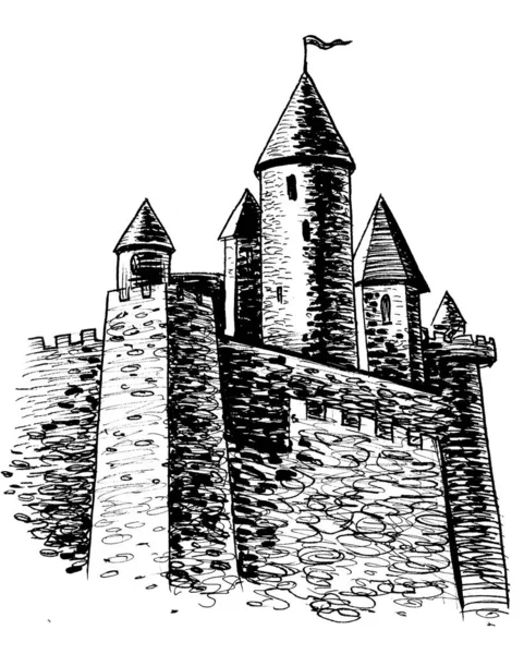 Ancient medieval castle. Ink black and white draiwng