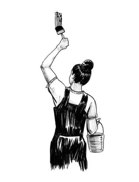 Девушка Ведром Краски Рисующая Стену Кистью Чернила Черно Белые — стоковое фото